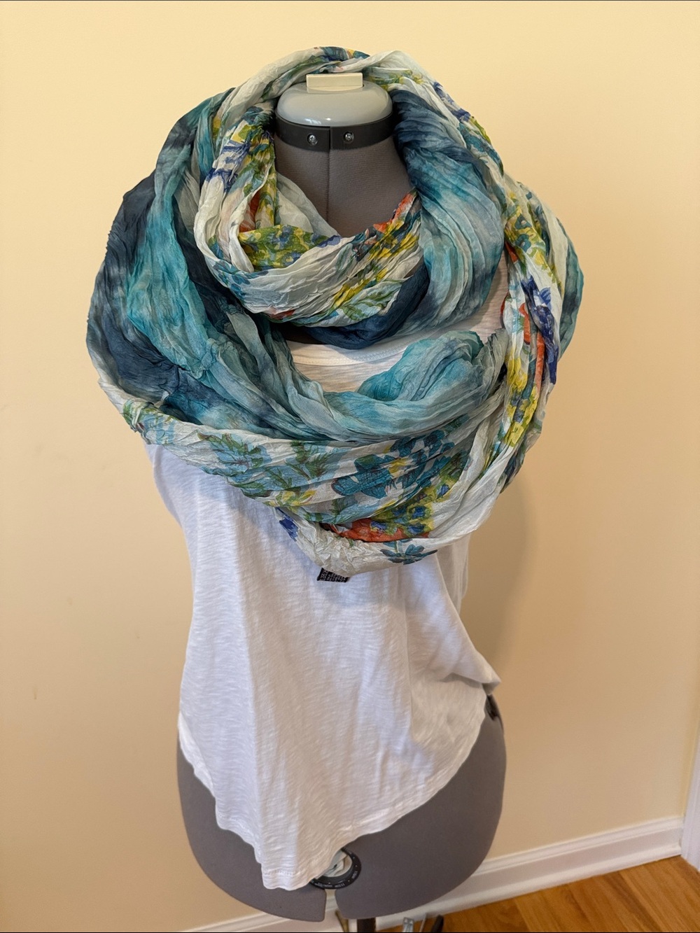 Tolani Lightweight 100% Silk Floral Crinkle Scarf in Blue, Green & Orange